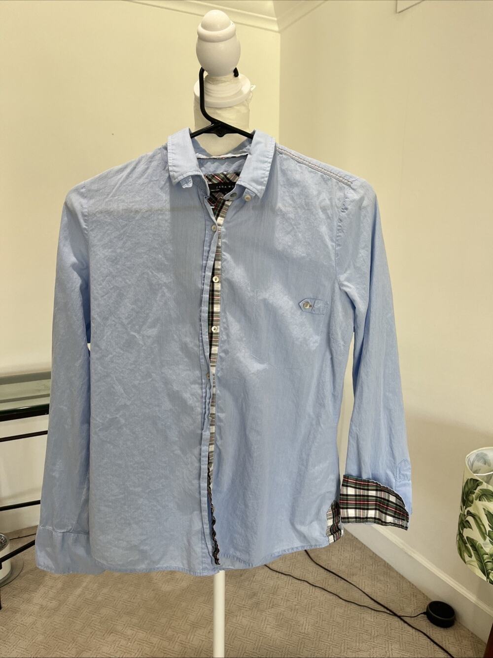 Zara Womens Light Blue Shirt Collared Button Up Plaid Trim Preppy Classic Cotton